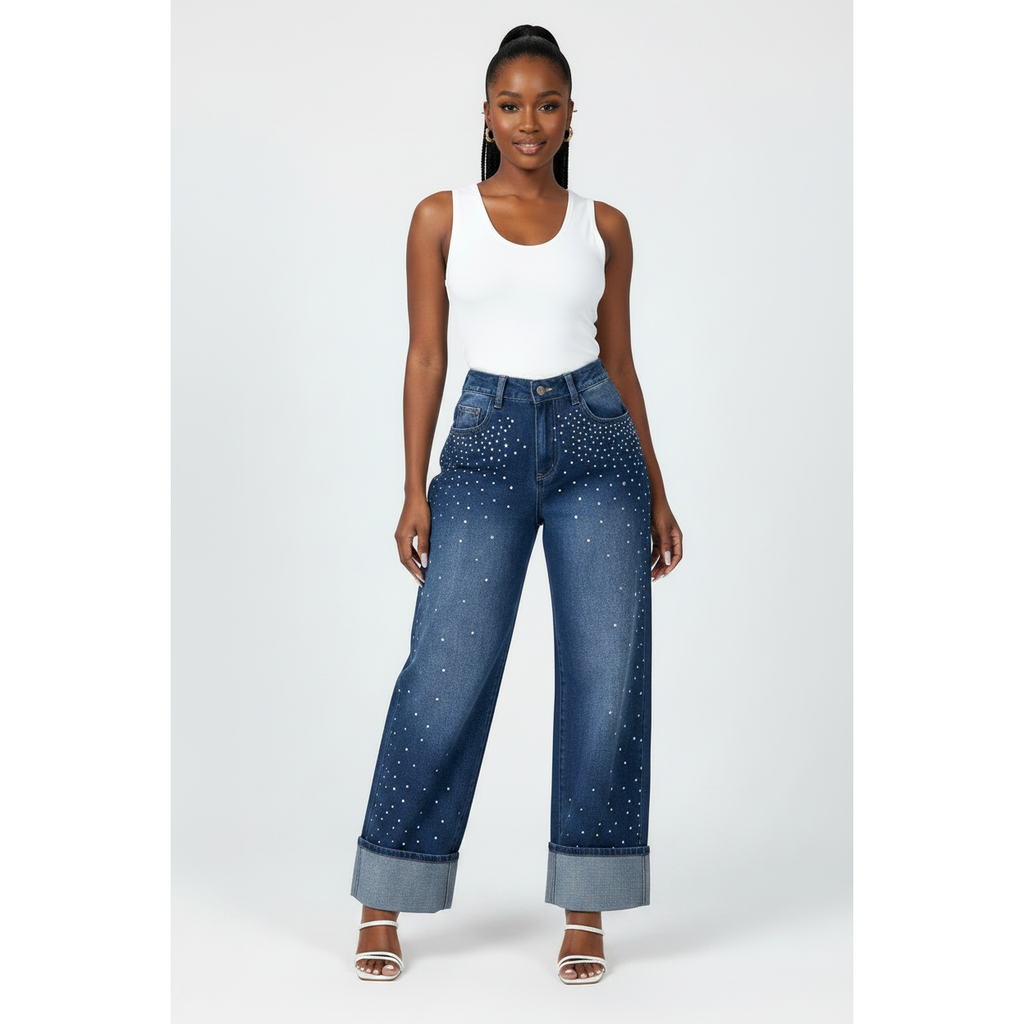 Women’s Blue Rhinestone Wide Leg Jeans
