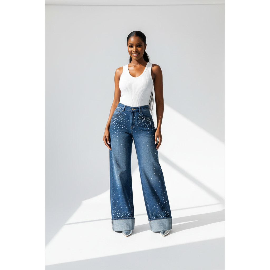 Women’s Blue Rhinestone Wide Leg Jeans