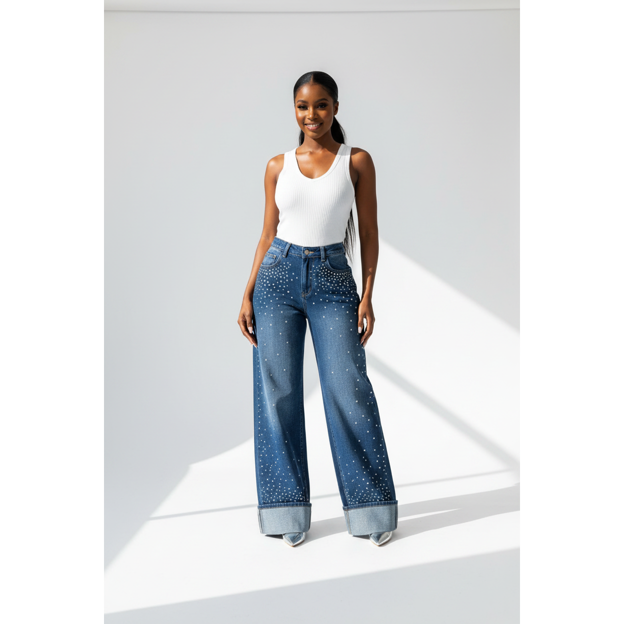 Women’s Blue Rhinestone Wide Leg Jeans