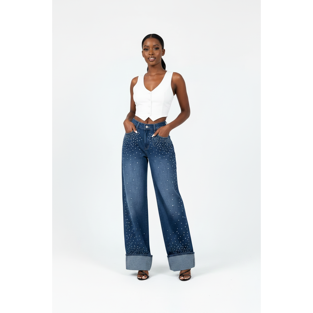 Women’s Blue Rhinestone Wide Leg Jeans