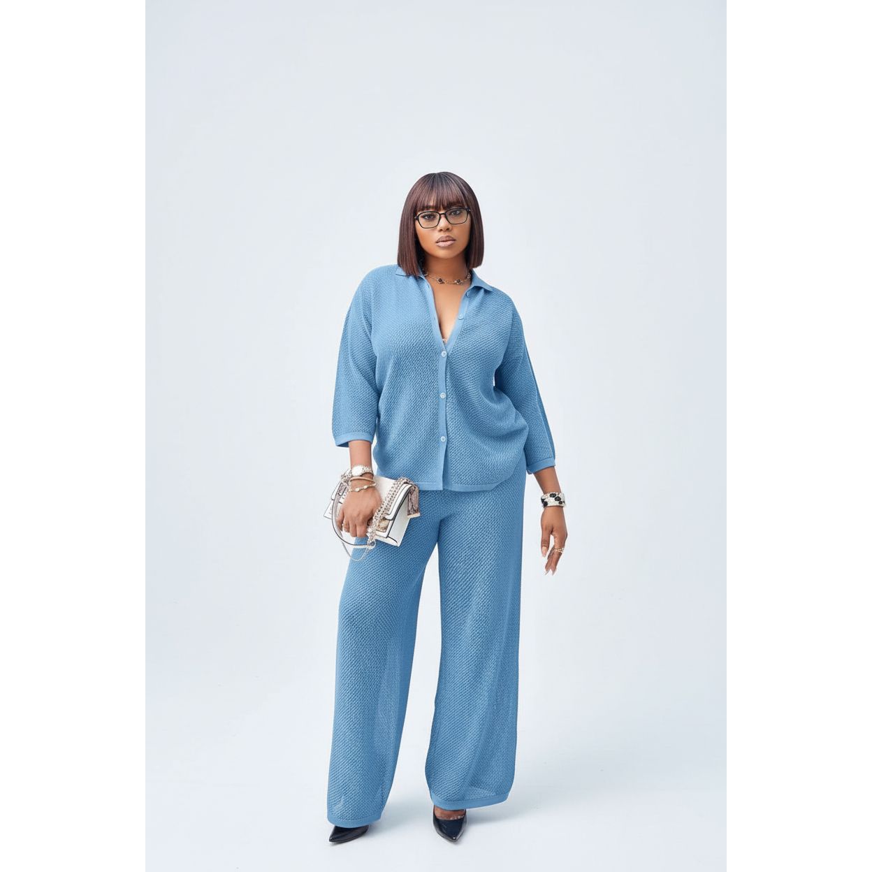 Knitted Cardigan Top & Wide-Leg Pants