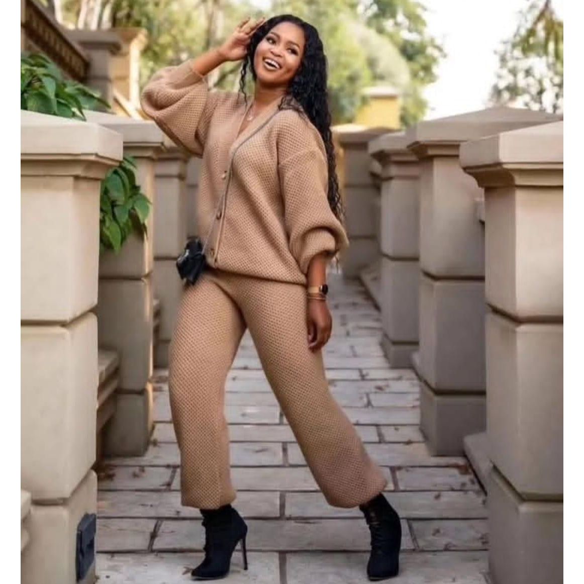 Knitted Button Cardigan & Wide-Leg Pant Set