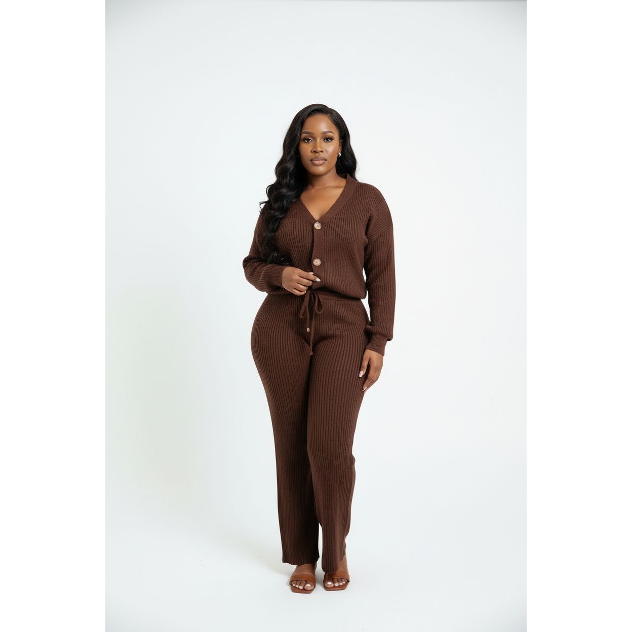Knitted Button Cardigan & Wide-Leg Pant Set