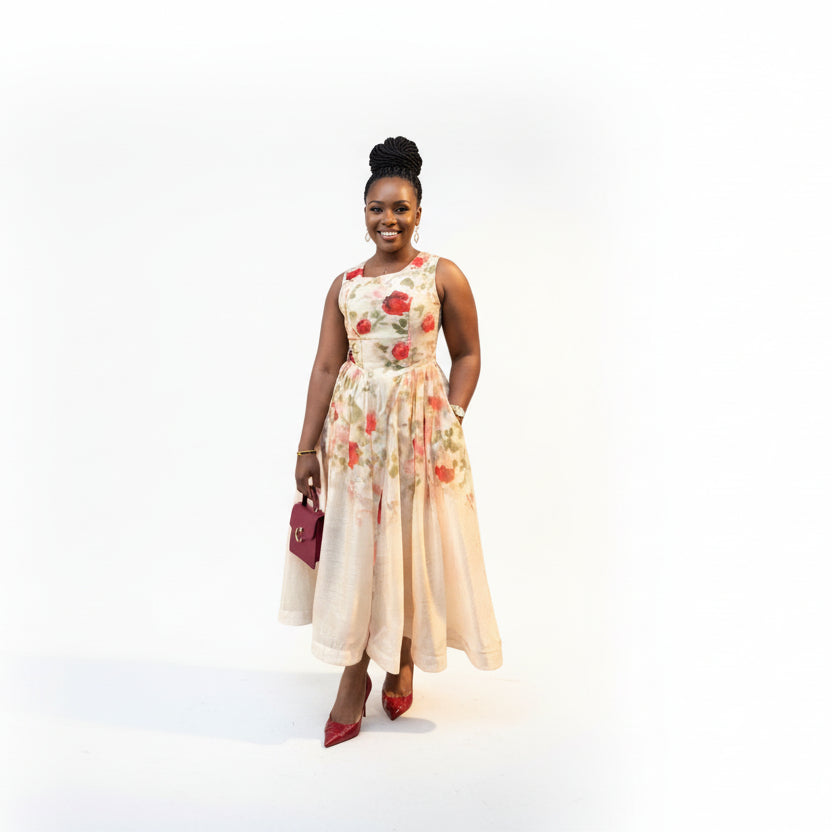 Elegant Sleeveless Rose Printed Midi Dress