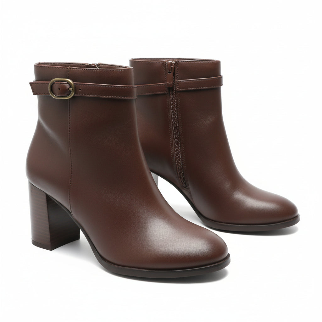 Ladies Round Toe Leather Block Heel Boots