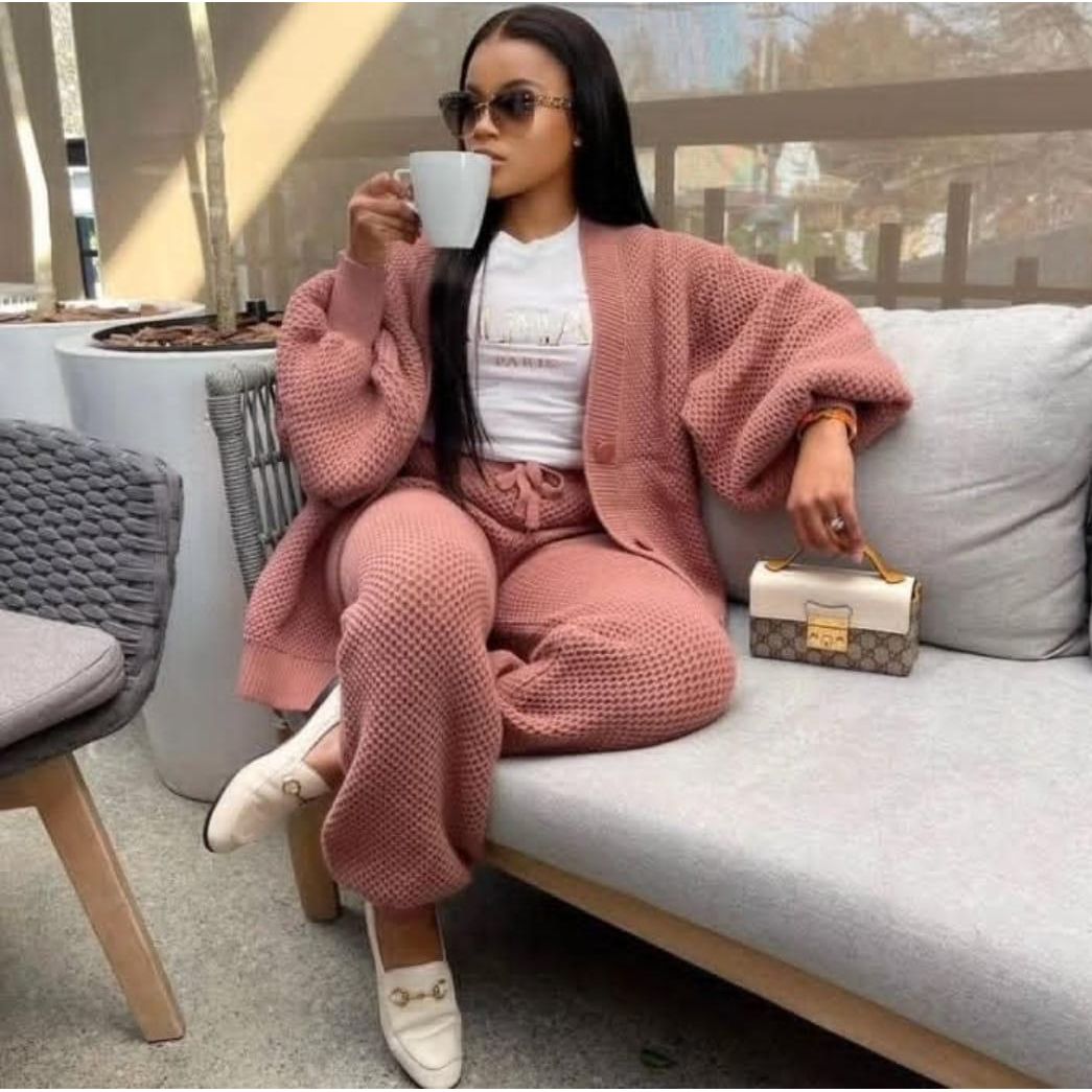 Knitted Button Cardigan & Wide-Leg Pant Set