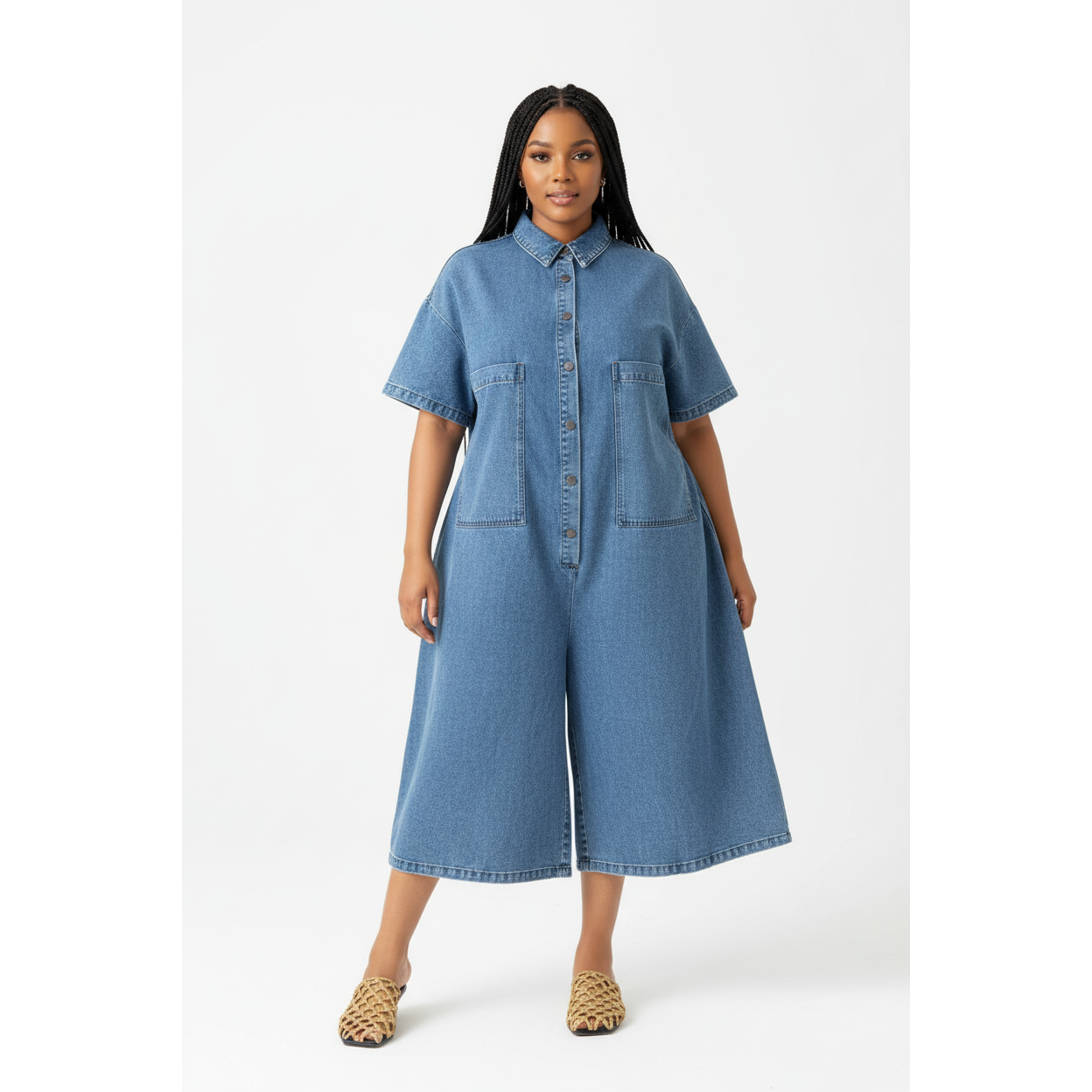 Plus Size Short Sleeve Denim Big Pocket Midi Jumpsuit