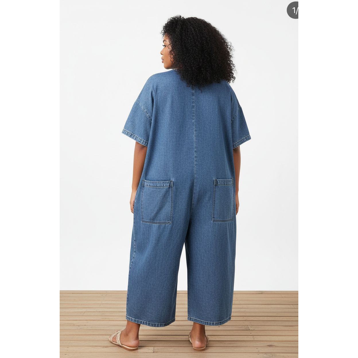 Plus Size Short Sleeve Denim Big Pocket Midi Jumpsuit