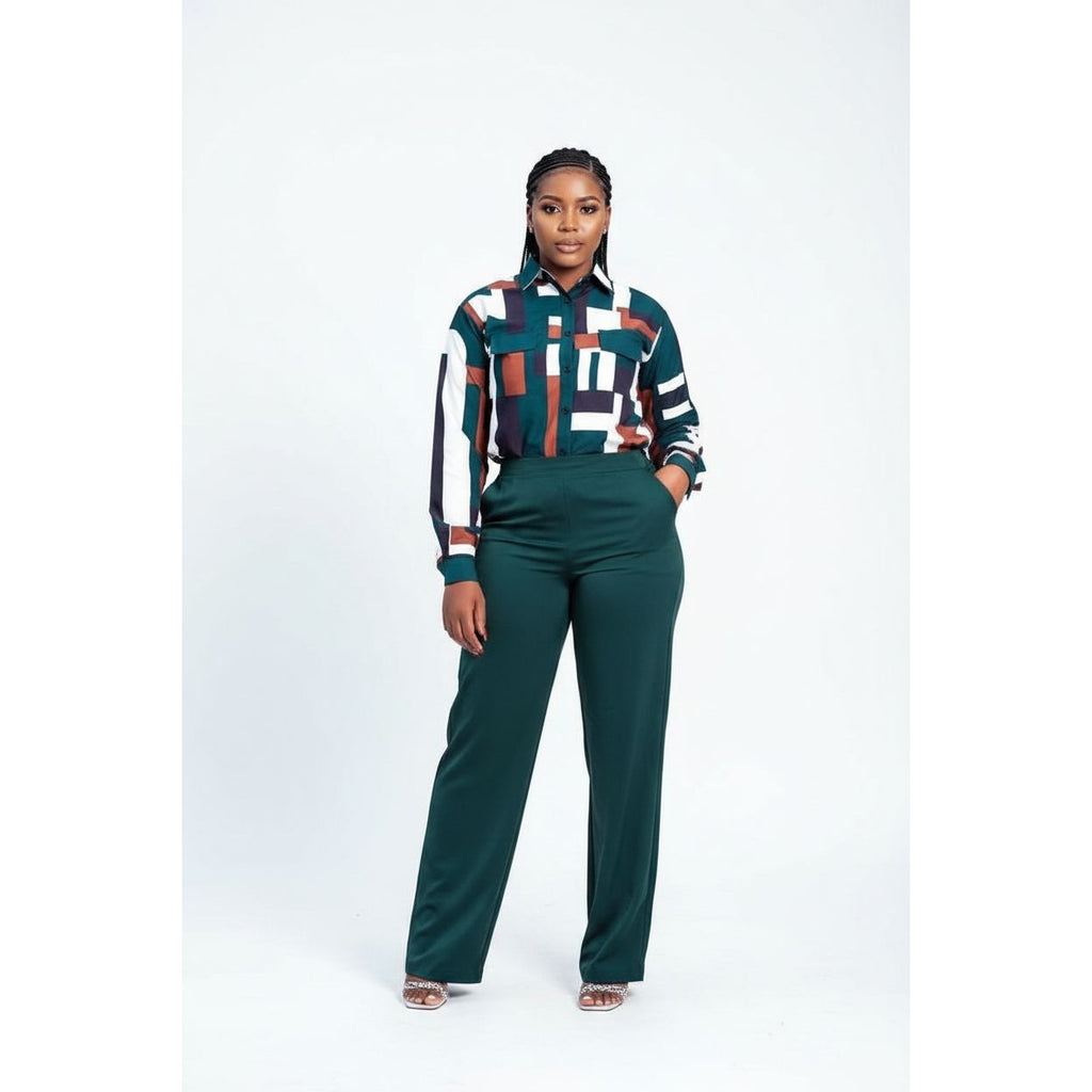 Wide-leg High waisted Pants & Printed Shirt Set