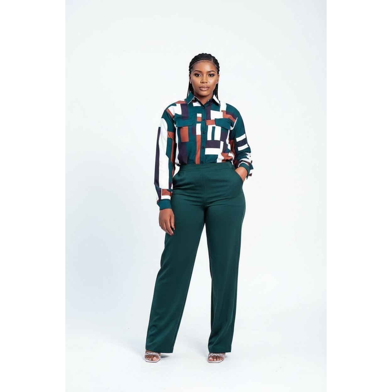 Wide-leg High waisted Pants & Printed Shirt Set