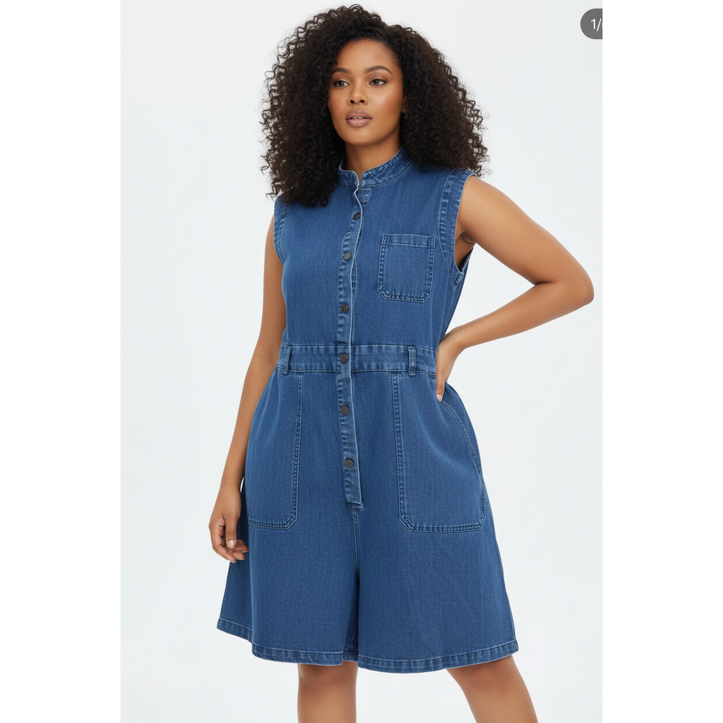 Button Front Sleeveless Denim Above Knee Jumpsuit