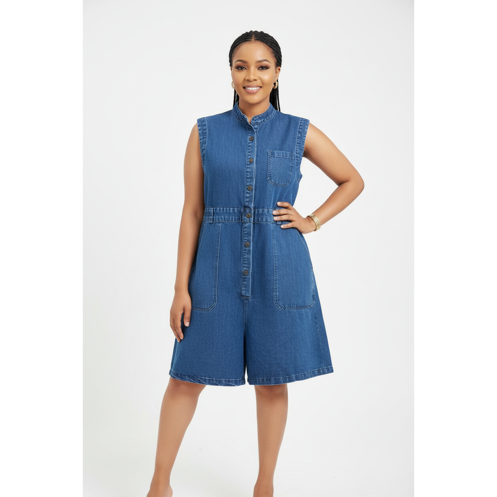 Button Front Sleeveless Denim Above Knee Jumpsuit