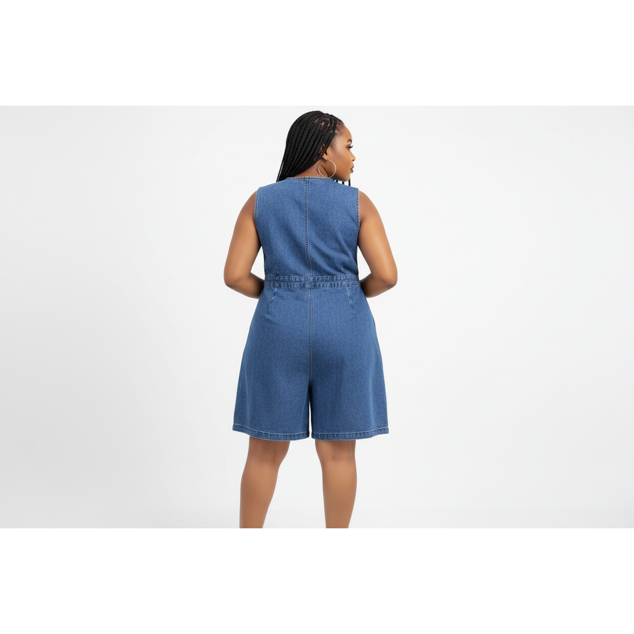 Button Front Sleeveless Denim Above Knee Jumpsuit