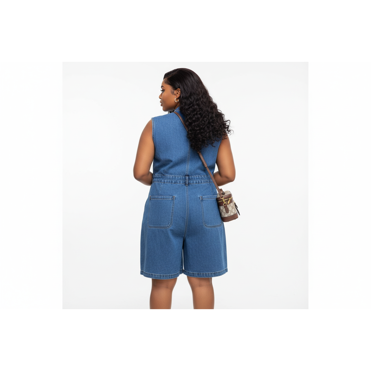 Button Front Sleeveless Denim Above Knee Jumpsuit