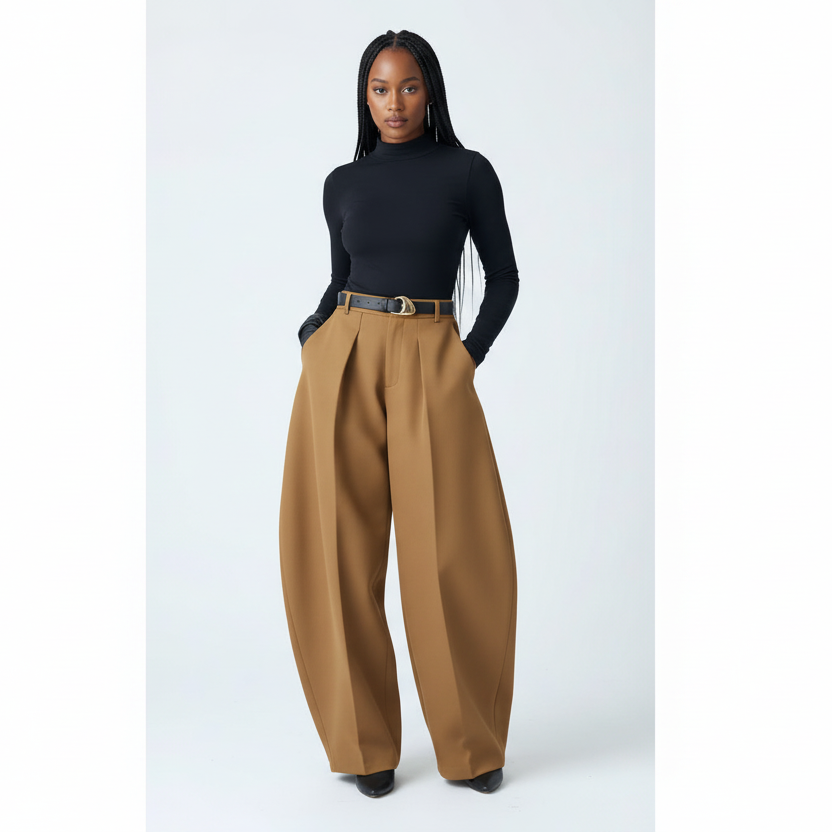 Front Pleat Barrel Wide Leg Pants