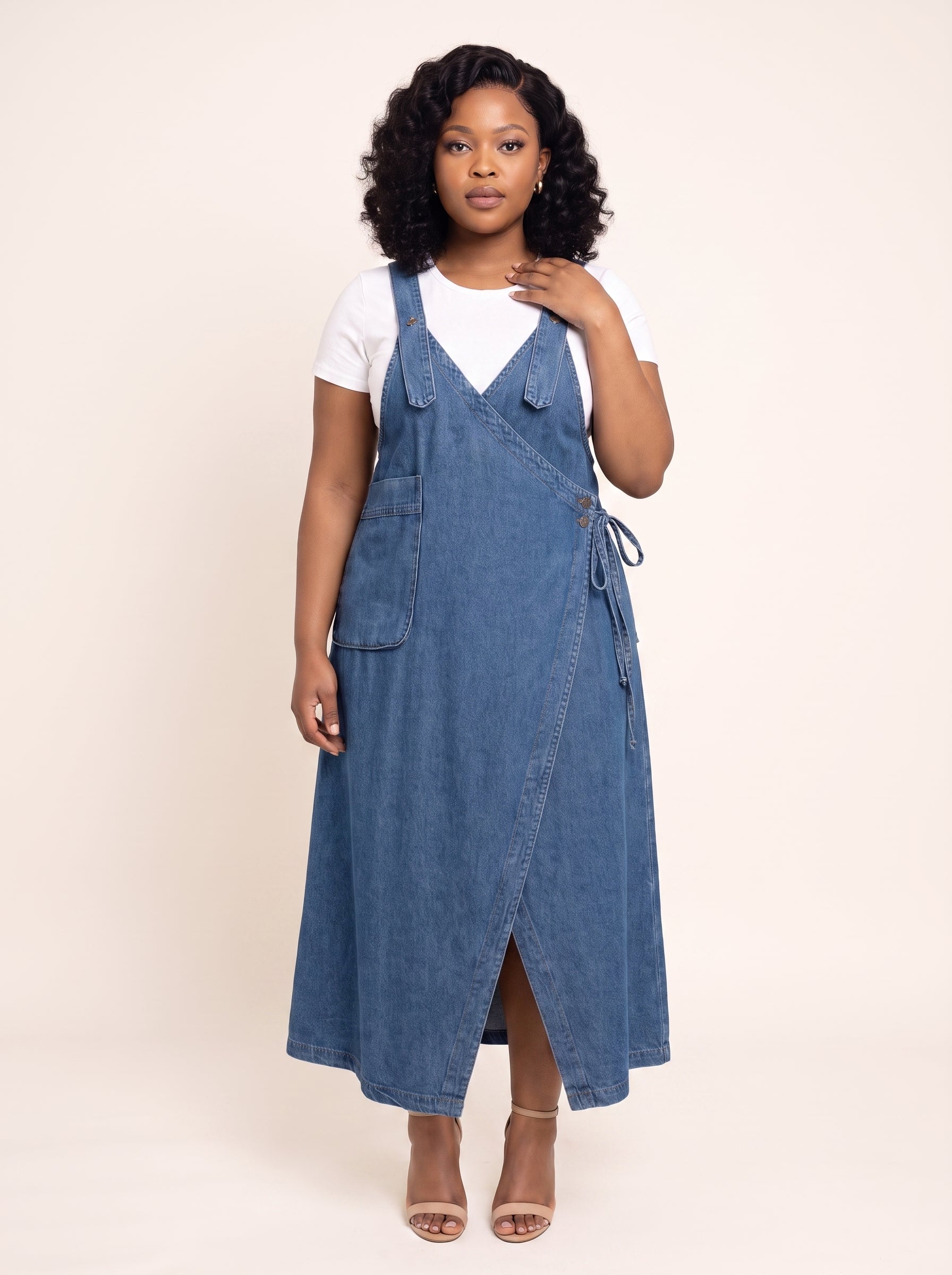 Denim Wrap Pinafore Maxi Dress