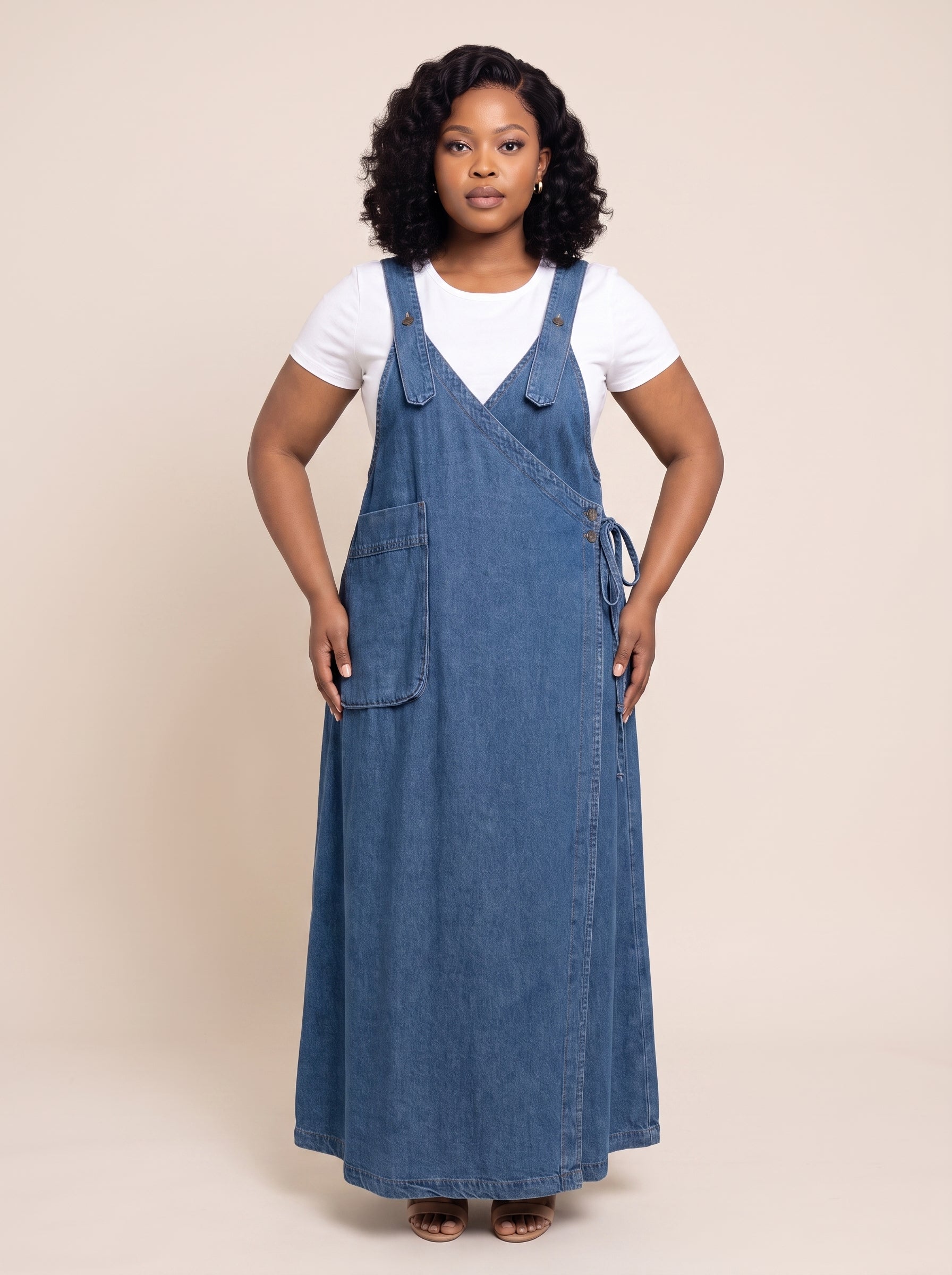 Denim Wrap Pinafore Maxi Dress