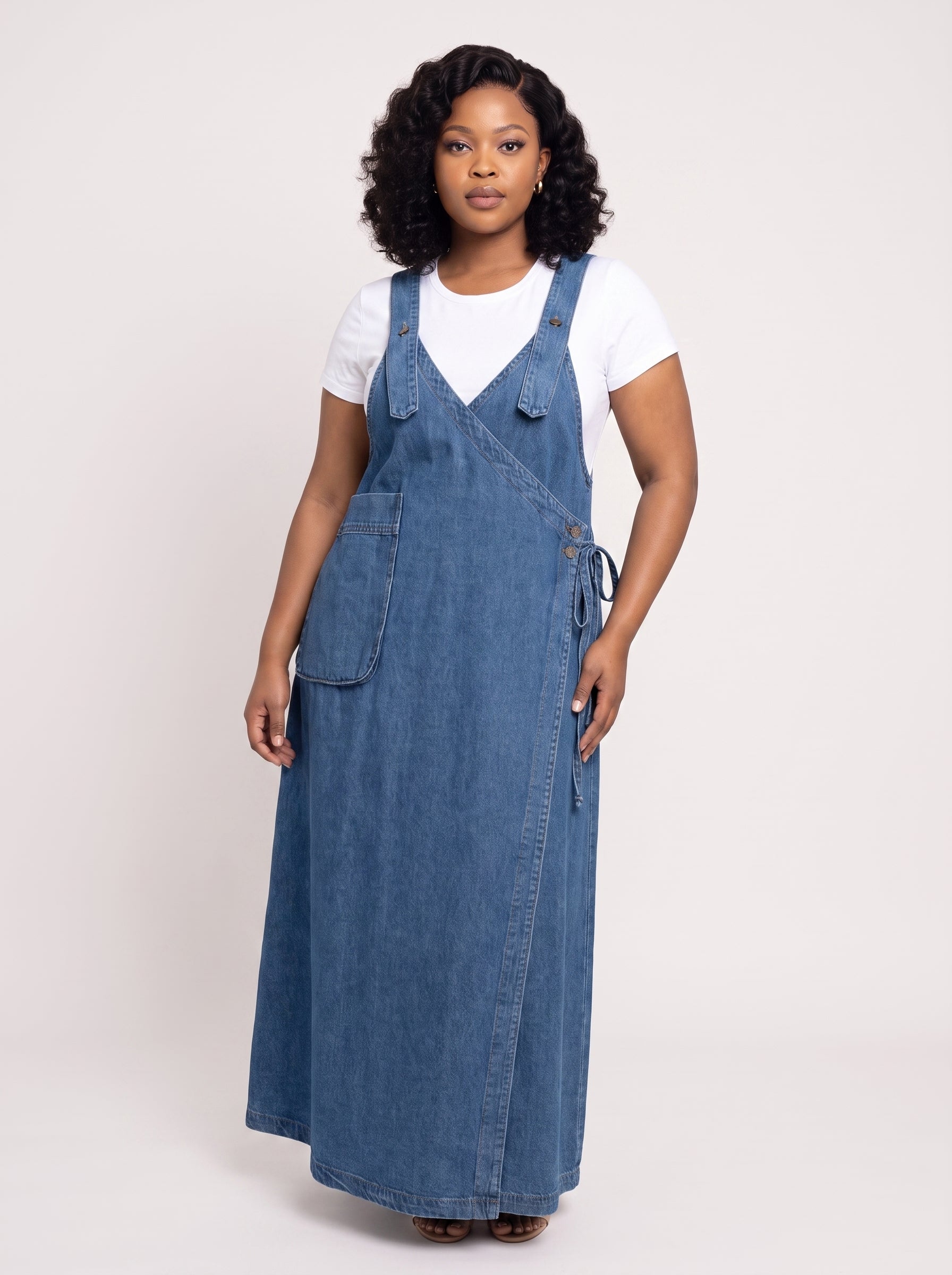 Denim Wrap Pinafore Maxi Dress