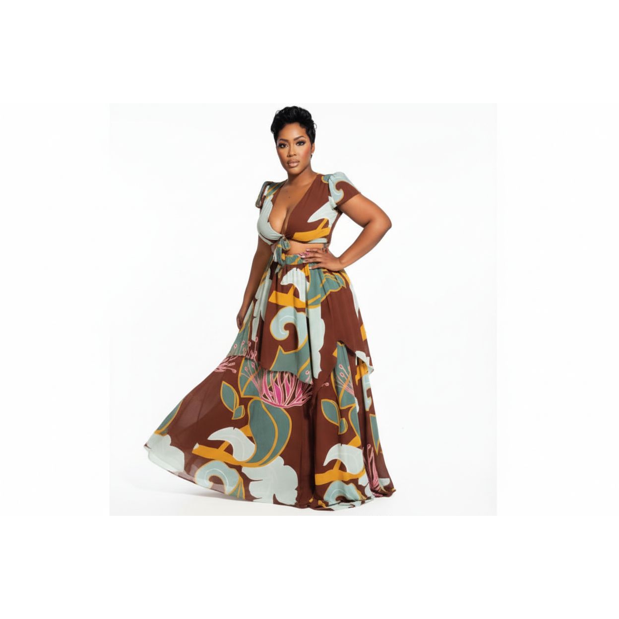 Floral Tie Front Crop Top & Maxi Skirt Set