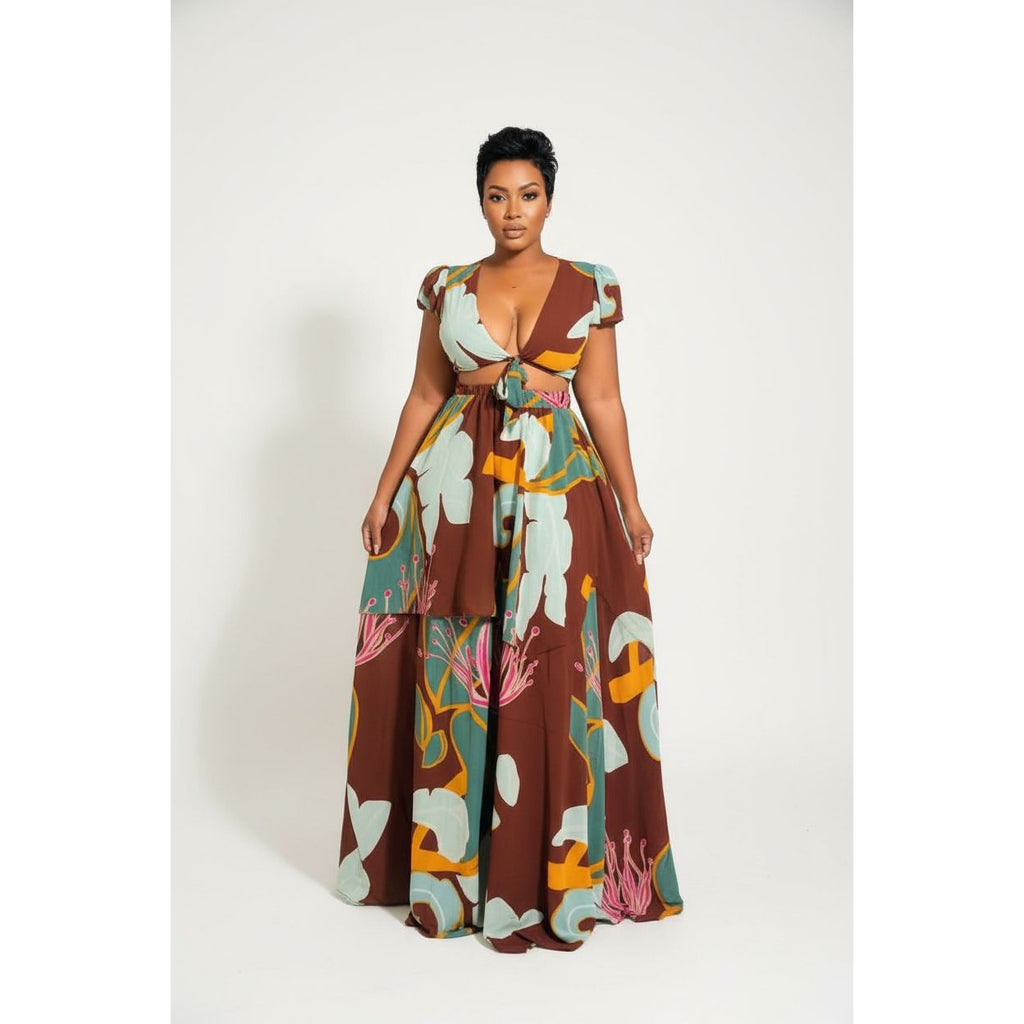 Floral Tie Front Crop Top & Maxi Skirt Set