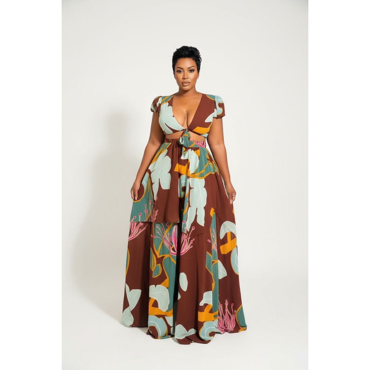 Floral Tie Front Crop Top & Maxi Skirt Set