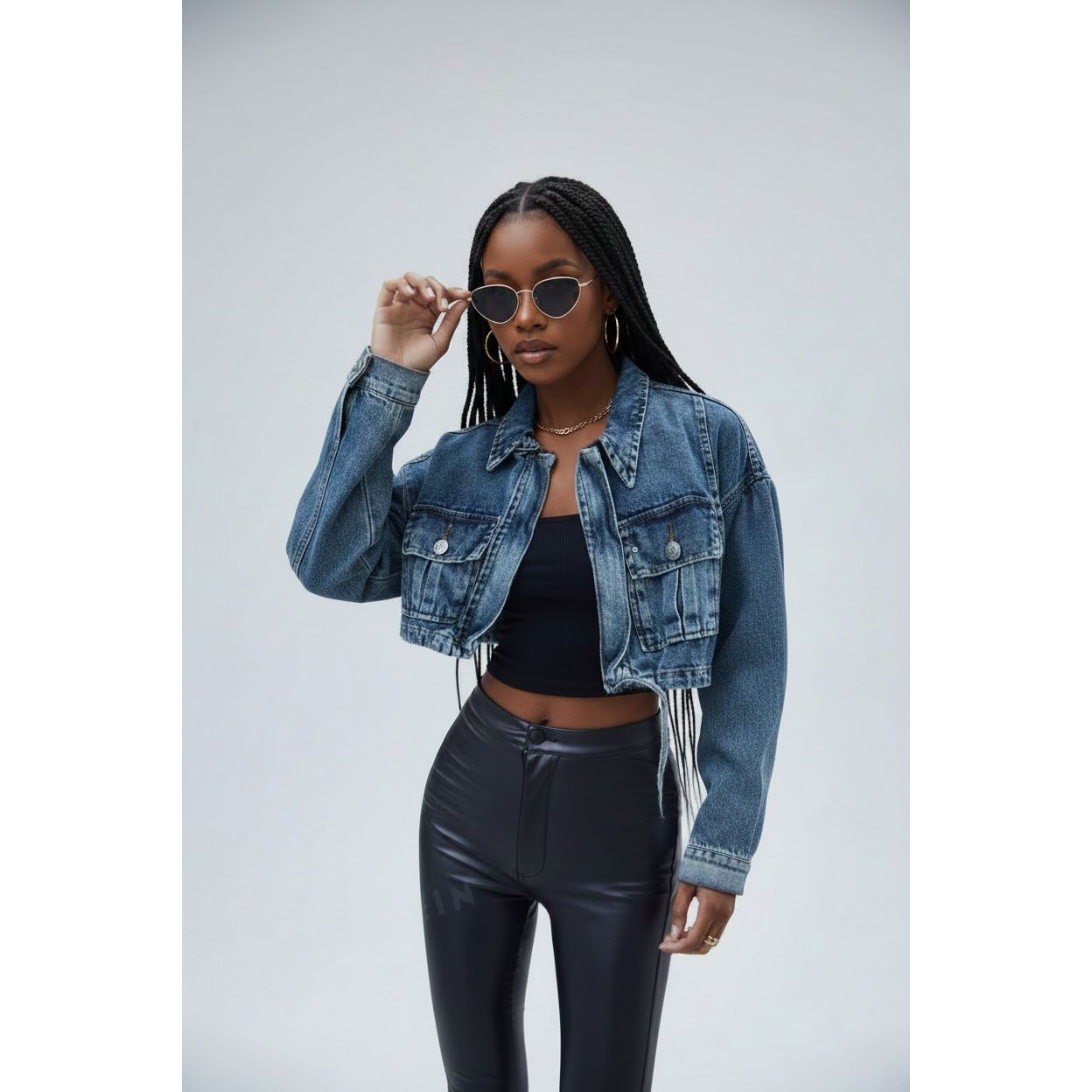 Long Sleeve Cropped Raw Hem Denim Jacket