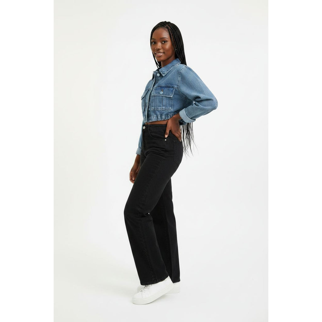 Long Sleeve Cropped Raw Hem Denim Jacket