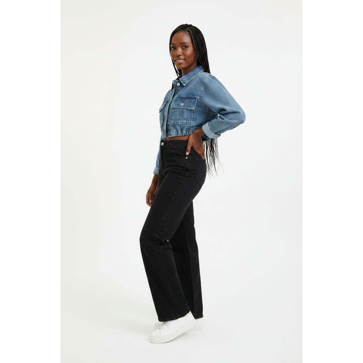 Long Sleeve Cropped Raw Hem Denim Jacket