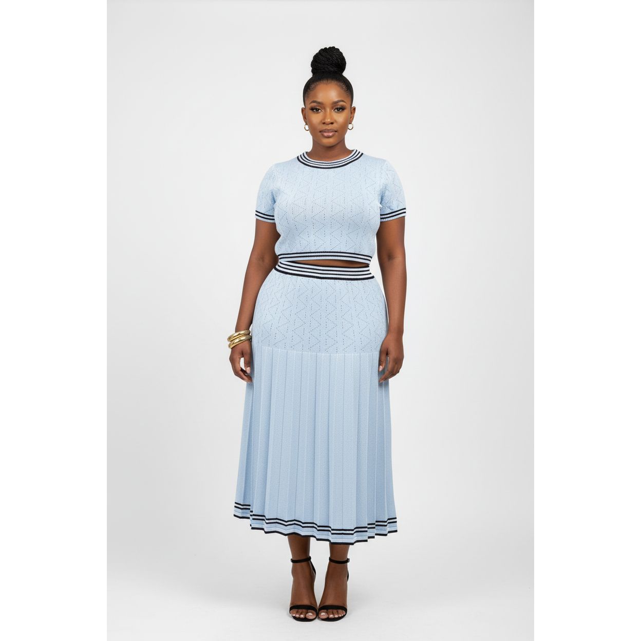 Striped Knitted Midi Skirt & Short-Sleeve Top