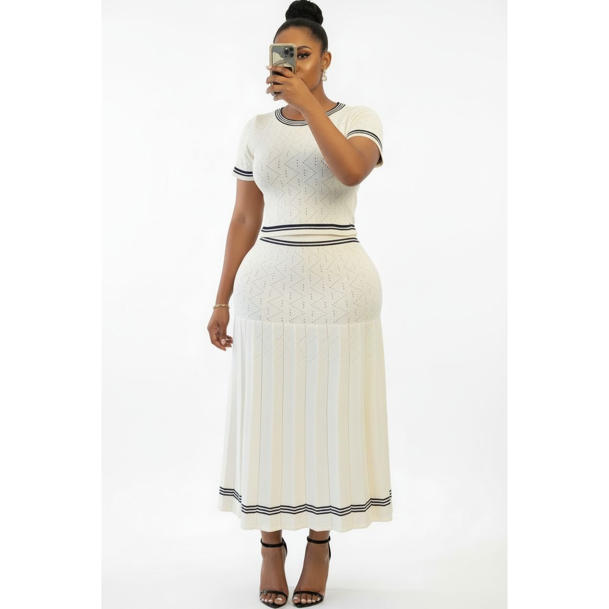 Striped Knitted Midi Skirt & Short-Sleeve Top