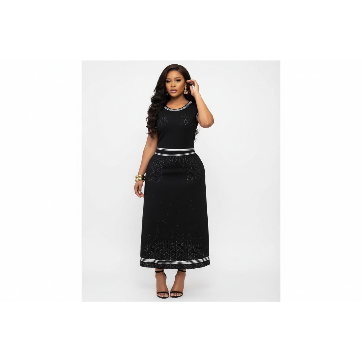 Striped Knitted Midi Skirt & Short-Sleeve Top