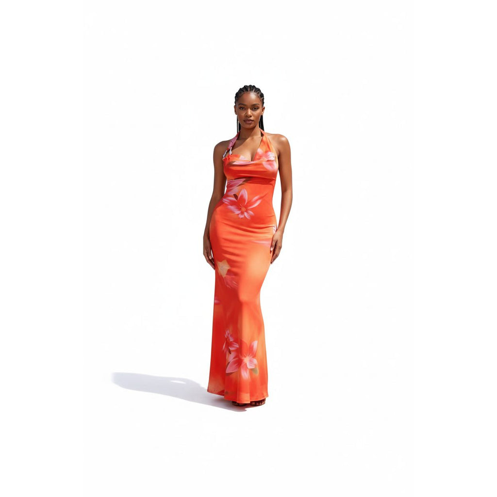 Orange Floral-Print Maxi Dress