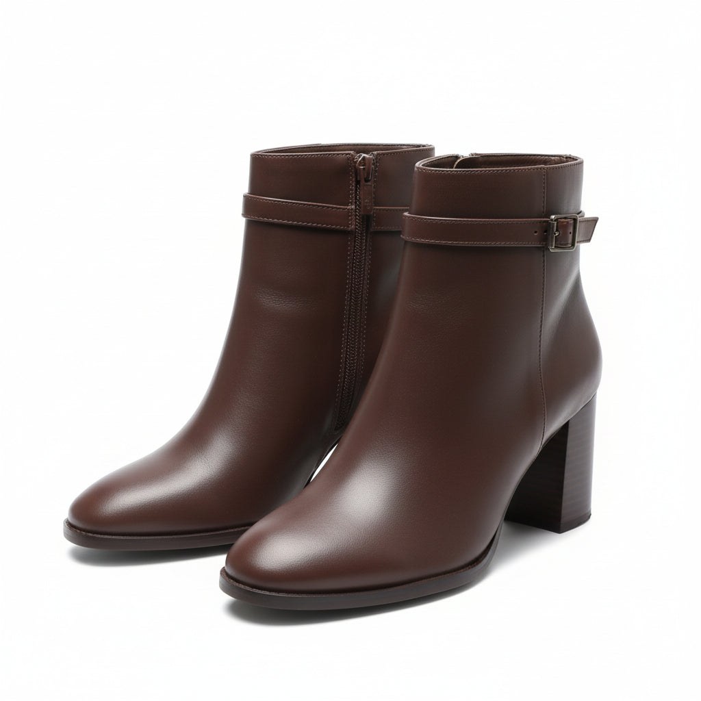 Ladies Round Toe Leather Block Heel Boots