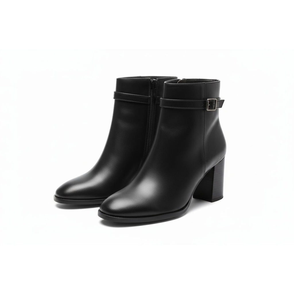 Ladies Round Toe Leather Block Heel Boots