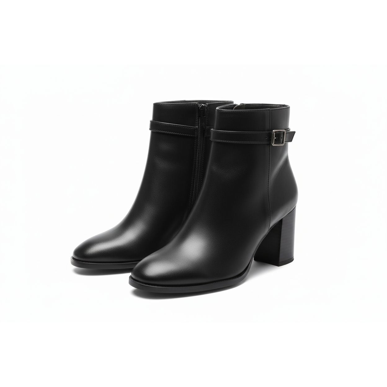 Ladies Round Toe Leather Block Heel Boots