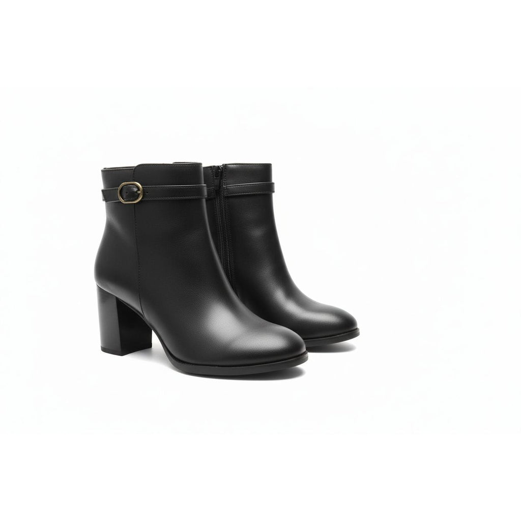 Ladies Round Toe Leather Block Heel Boots