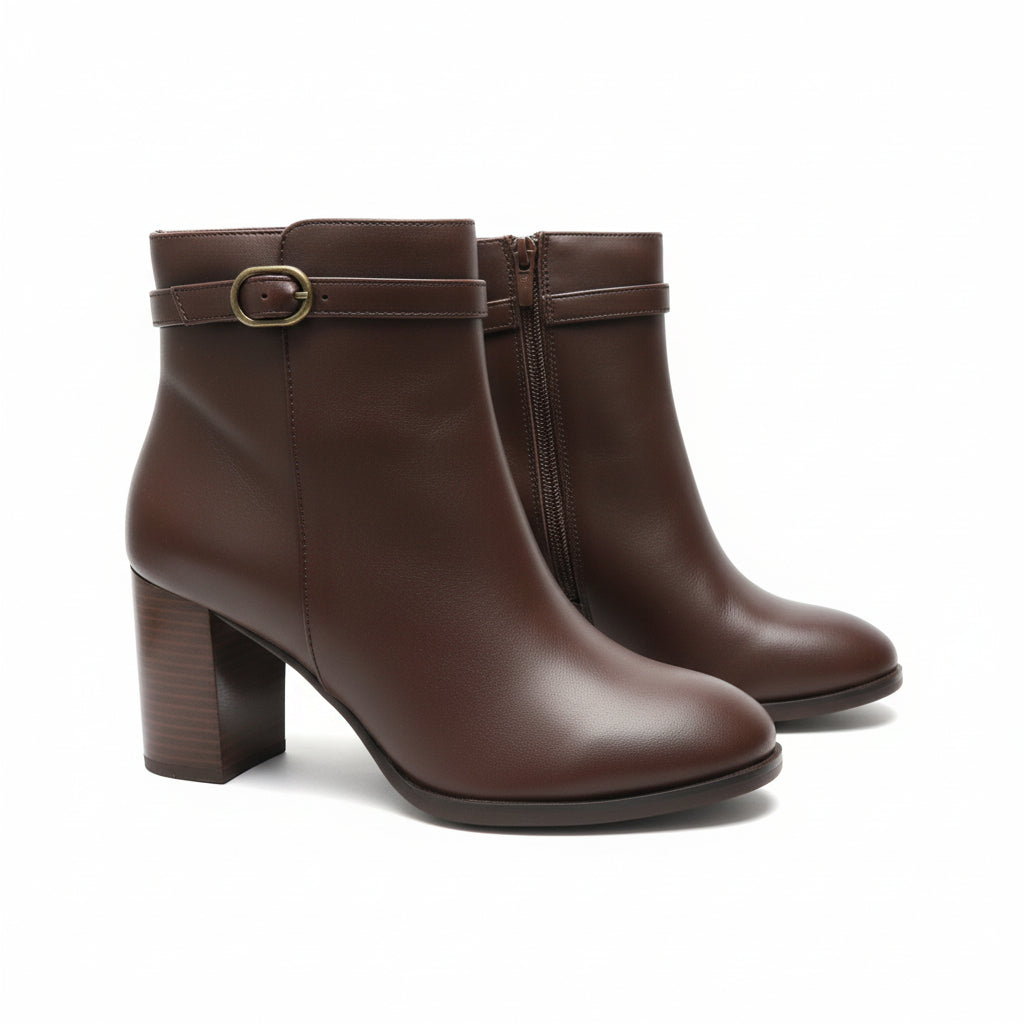 Ladies Round Toe Leather Block Heel Boots