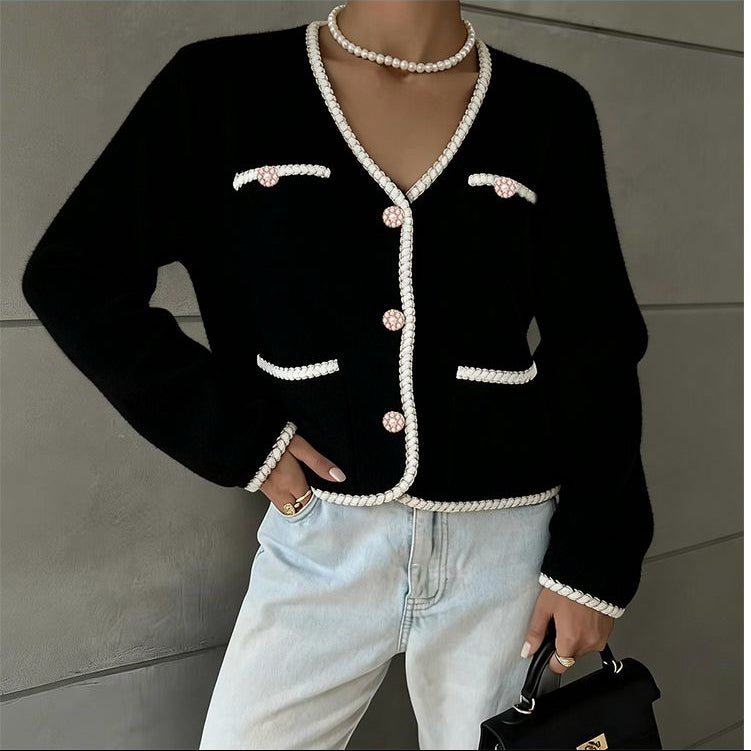 Pearl Button Trim Knitted Cardigan