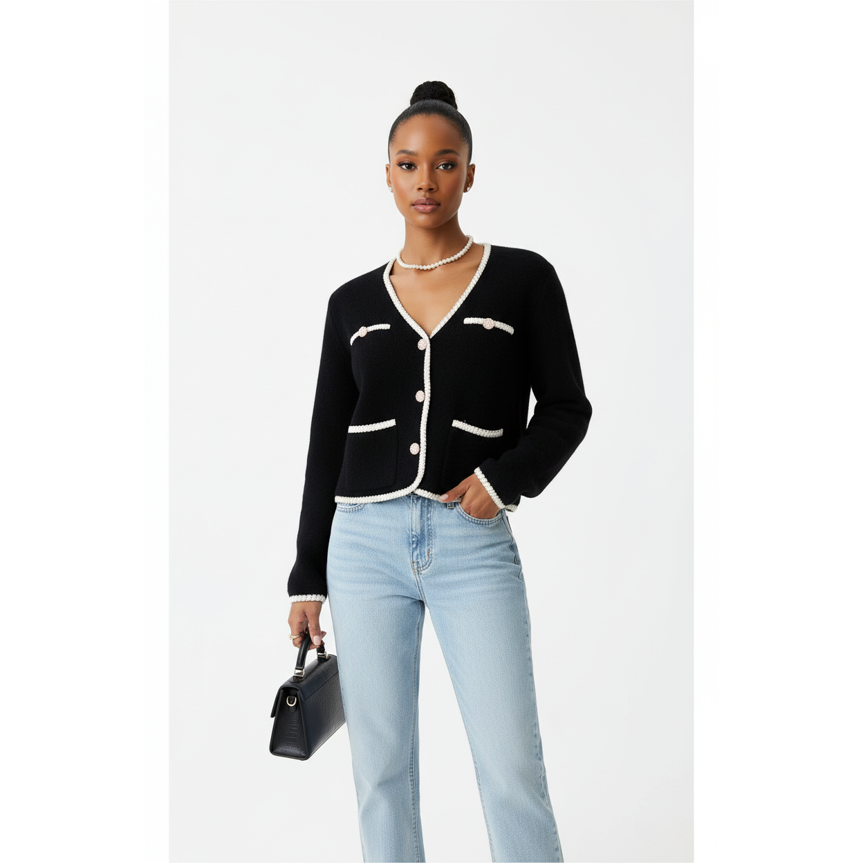 Pearl Button Trim Knitted Cardigan