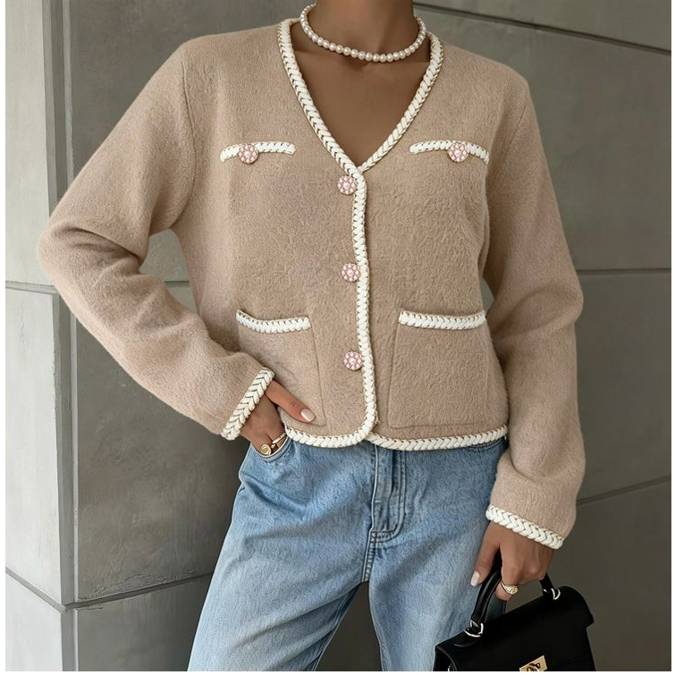 Pearl Button Trim Knitted Cardigan