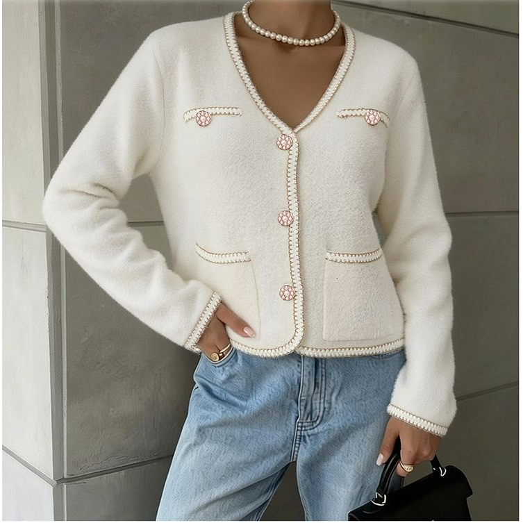 Pearl Button Trim Knitted Cardigan