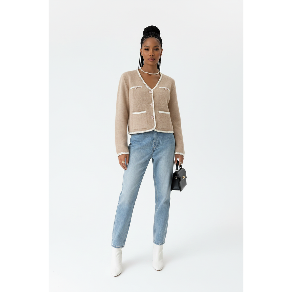 Pearl Button Trim Knitted Cardigan
