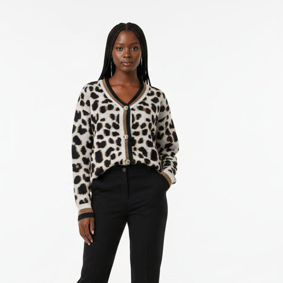 Leopard Print Detail Trim Knitted Cardigan