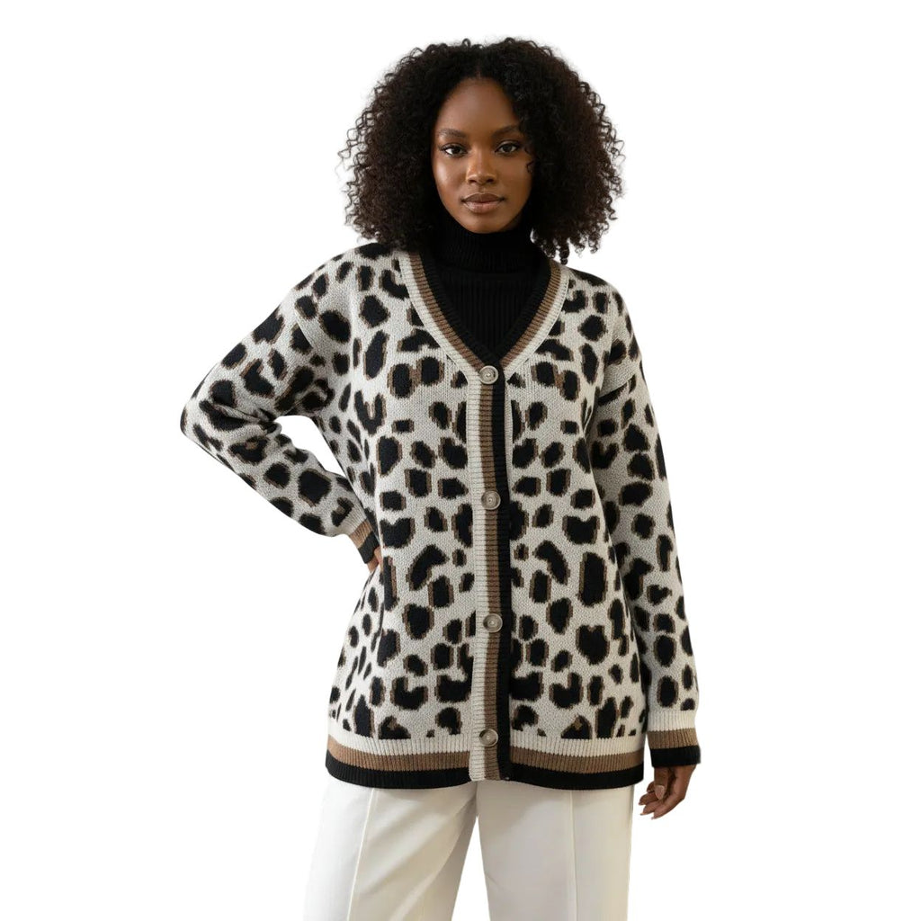Leopard Print Detail Trim Knitted Cardigan
