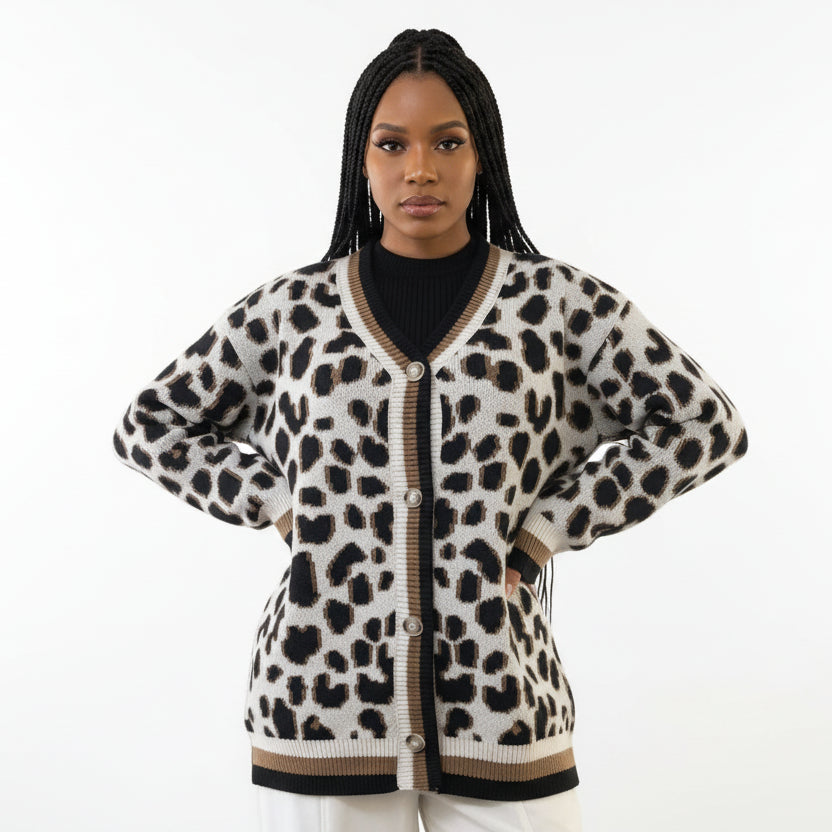 Leopard Print Detail Trim Knitted Cardigan