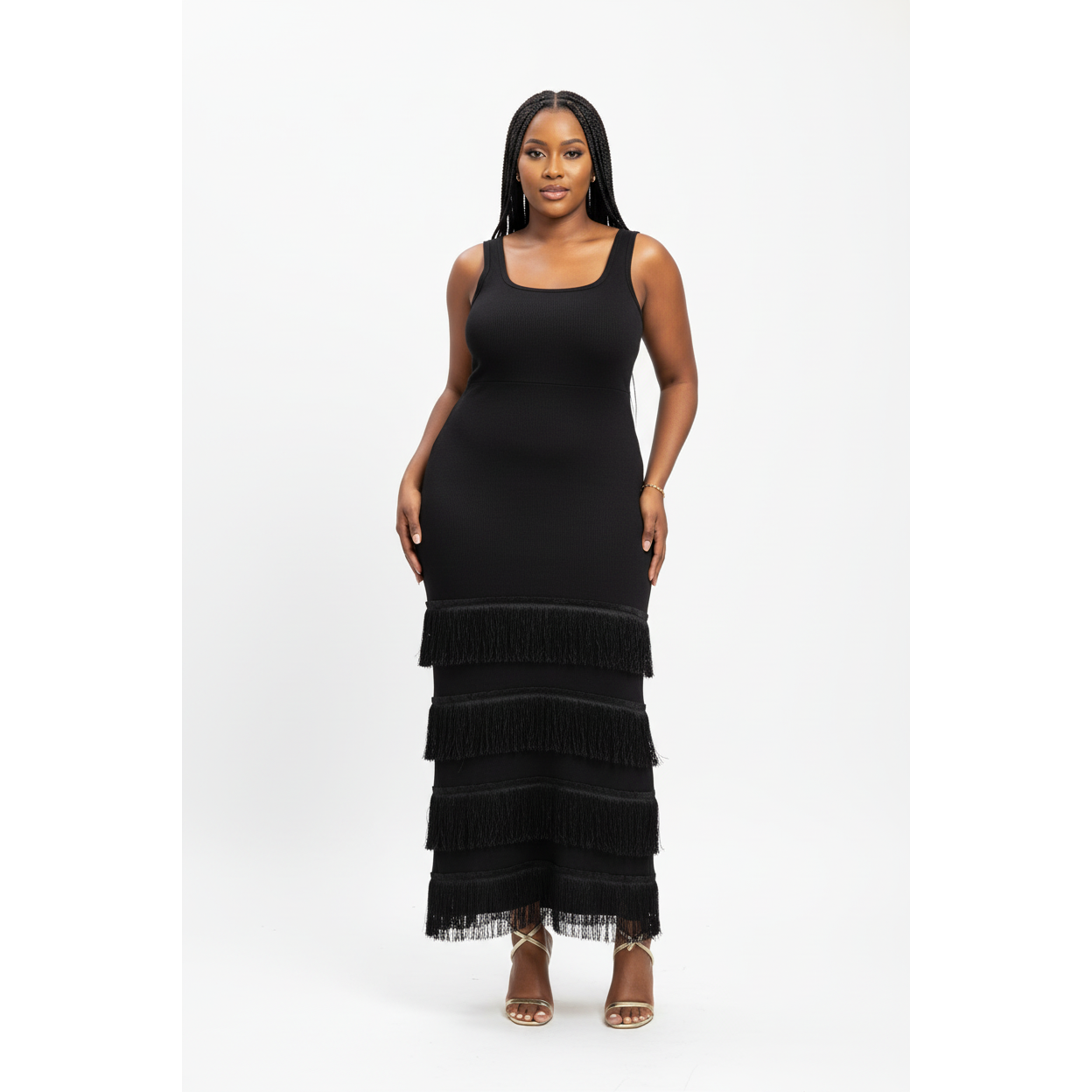 Square Neck Knitted Fringe Maxi Dress