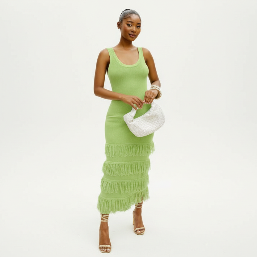Square Neck Knitted Fringe Maxi Dress