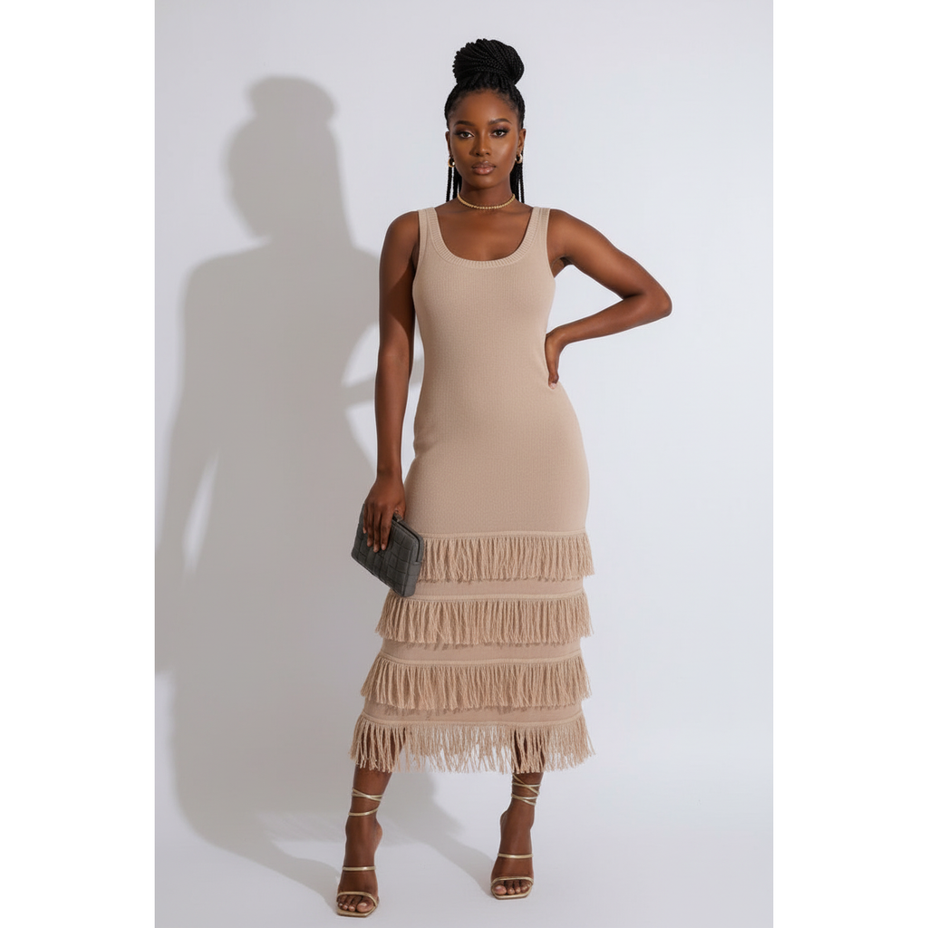 Square Neck Knitted Fringe Maxi Dress