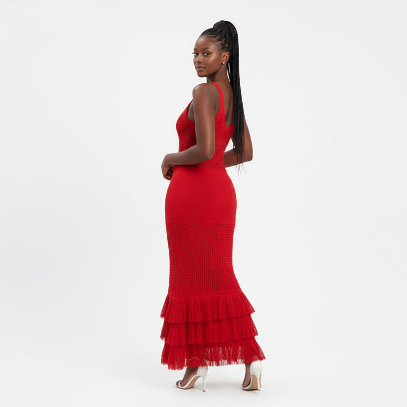 Sleeveless Knitted Tassel Hem Semi Sheer Midi Dress
