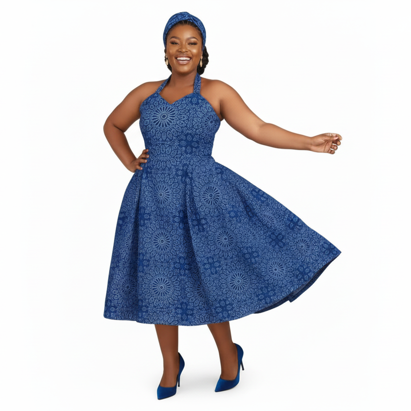 Plus Size Shweshwe Inspired Halter Neck Midi Dress